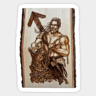 Tyr - nordic god pyrography print, wood texture Sticker